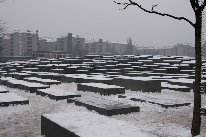 Memorial to the mordered Jews of Europe under a snowy cover.