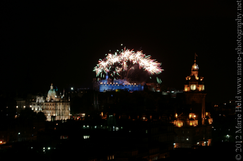 Fireworks at Edinburgh castle in concert with the military Tattoo.